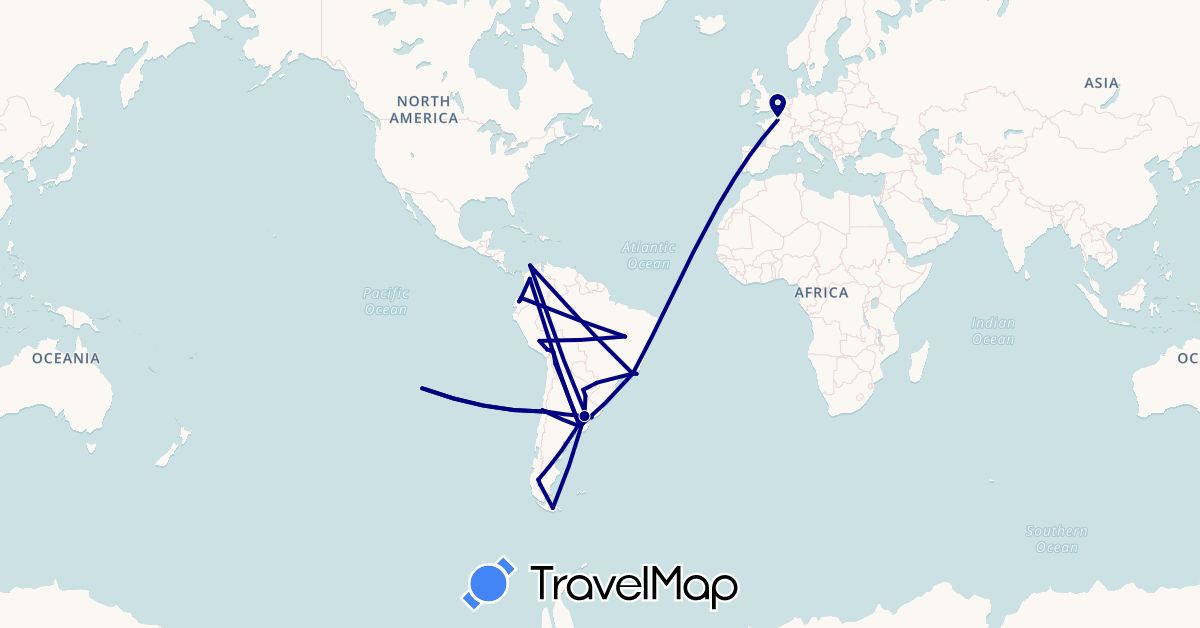 TravelMap itinerary: driving in Argentina, Bolivia, Brazil, Chile, Colombia, Ecuador, France, Peru, Uruguay (Europe, South America)
